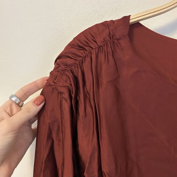 Anthropologie Ruched Peasant‎ Blouse Rust Red M Silky Work Office Professional - Picture 5 of 9